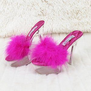 Maren Hot Pink Marabou Feather Clear Platform Slip On High Heeled Sandals Shoes